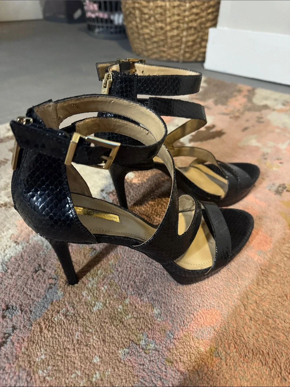 BCBGeneration Black Faux-Snakeskin Strappy High Heels